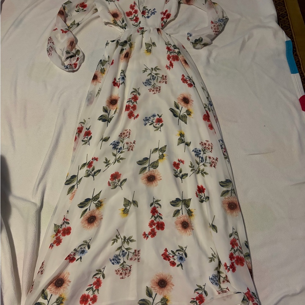 White Floral Maxi Dress with Red & Green Print